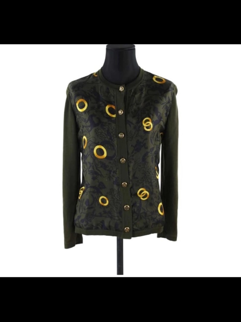 Celine Olive Green Button-Front Women's Jacket With Gold Ring Print
